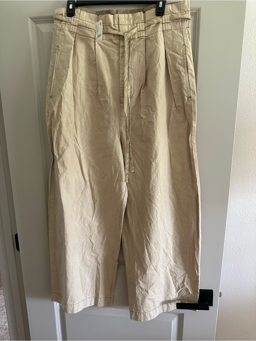 Free People Straight-Leg Wide Drawstring Pants in Light Beige